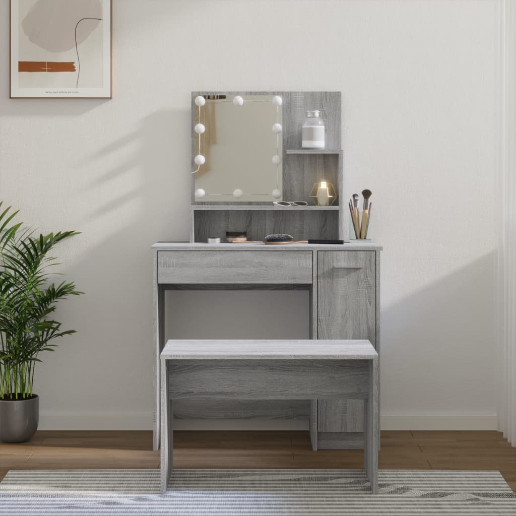 E-shop vidaXL Sada toaletného stolíka s LED sivý dub sonoma spracované drevo