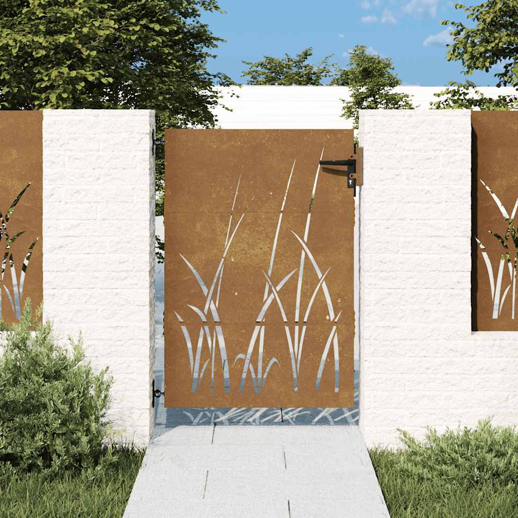 E-shop vidaXL Záhradná brána 85x125 cm, oceľ Corten, dizajn s trávou