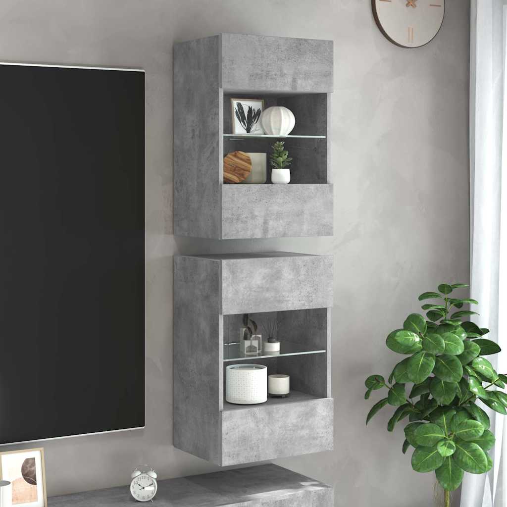 E-shop vidaXL Nástenné skrinky s LED osvetlením pre TV 2ks betón.sivé 40x30x60,5 cm
