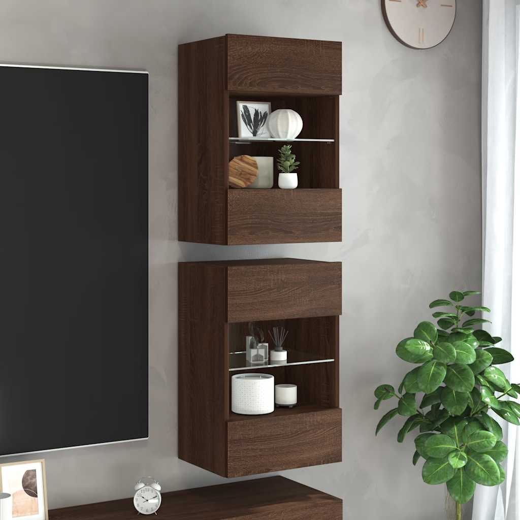 E-shop vidaXL Nástenné skrinky s LED osvetlením pre TV 2 ks hnedý dub 40x30x60,5cm