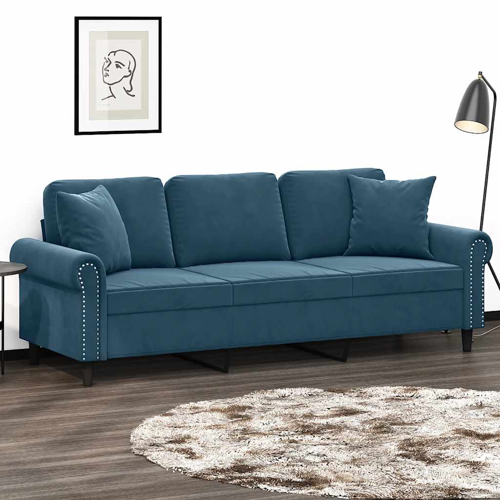 E-shop vidaXL 3-miestna pohovka s vankúšmi modrá 180 cm zamat