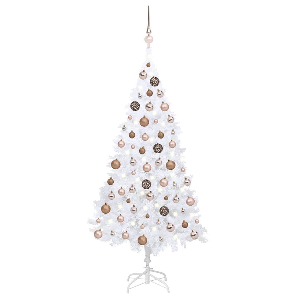 E-shop vidaXL Osvetlený umelý vianočný stromček s guľami, biely 120 cm, PVC