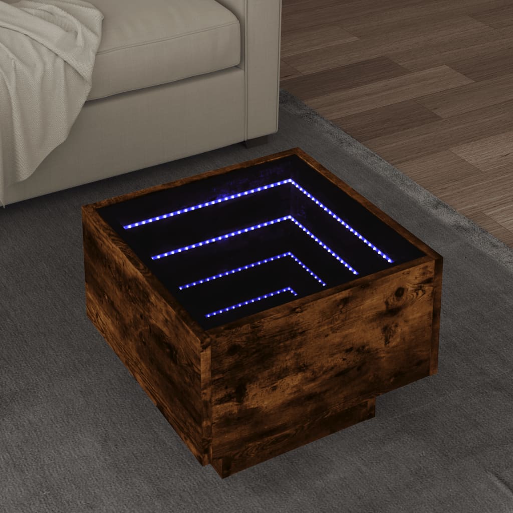 E-shop vidaXL Bočný stolík s LED dymový dub 40x40x30 cm kompozitné drevo