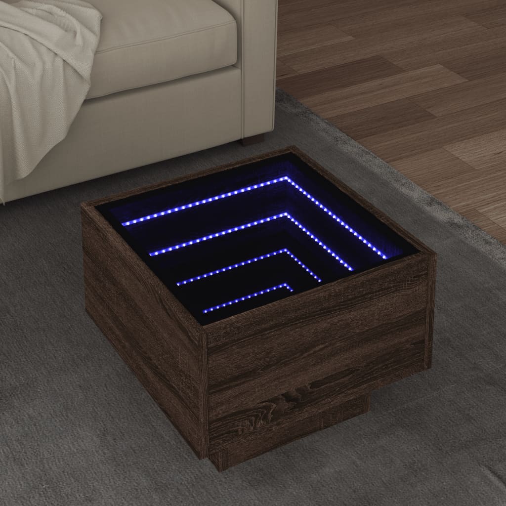 E-shop vidaXL Bočný stolík s LED hnedý dub 40x40x30 cm kompozitné drevo