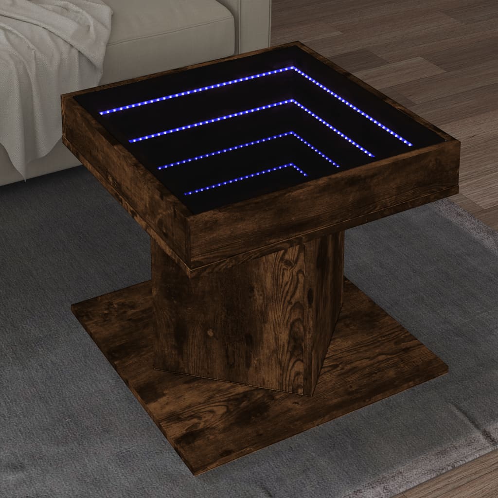 E-shop vidaXL Konferenčný stolík s LED dymový dub 50x50x45 cm kompozit. drevo