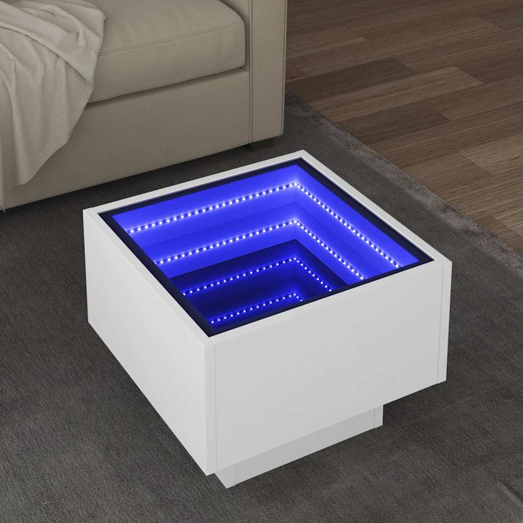 E-shop vidaXL Bočný stolík s LED biely 40x40x30 cm kompozitné drevo
