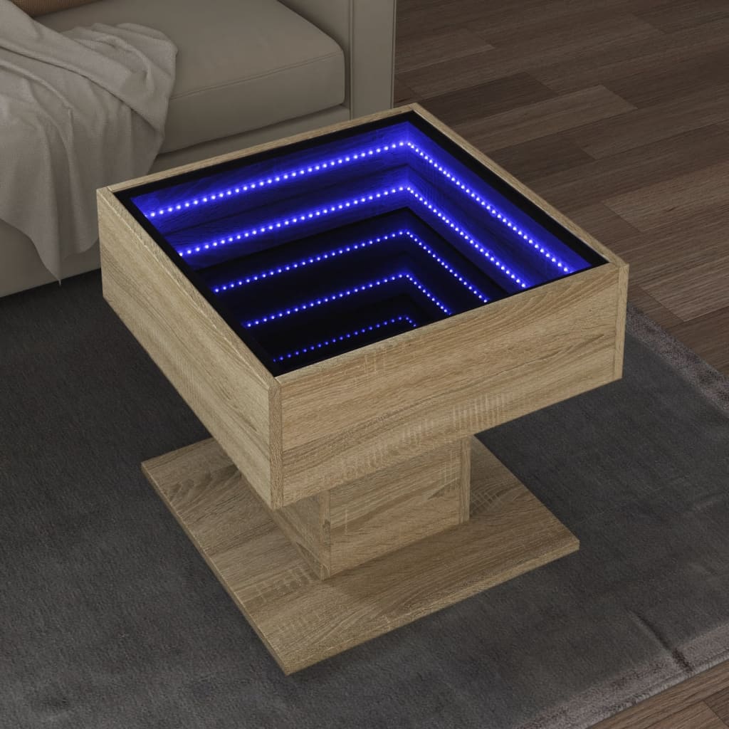 E-shop vidaXL Konferenčný stolík s LED dub sonoma 50x50x45 cm kompozit. drevo