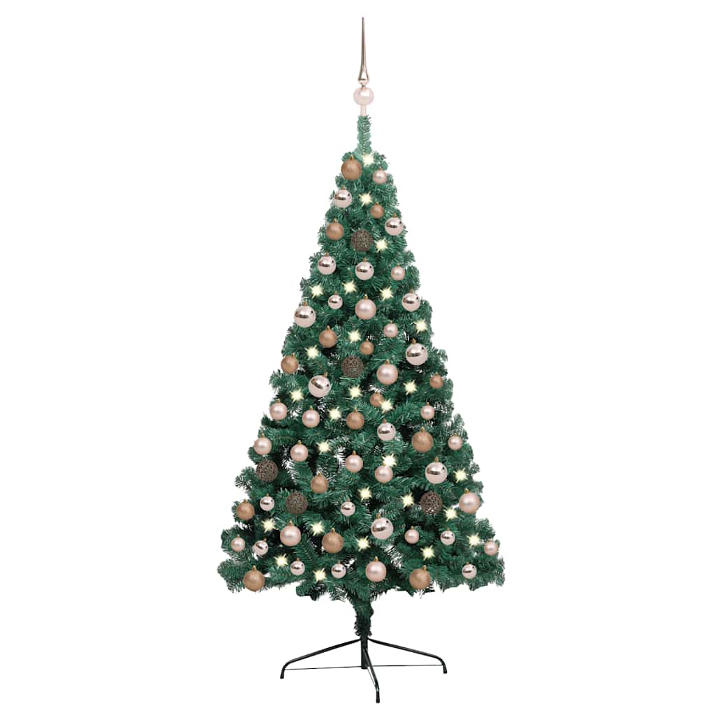 E-shop vidaXL Osvetlený umelý polovičný vianočný stromček+gule, zelený 120 cm