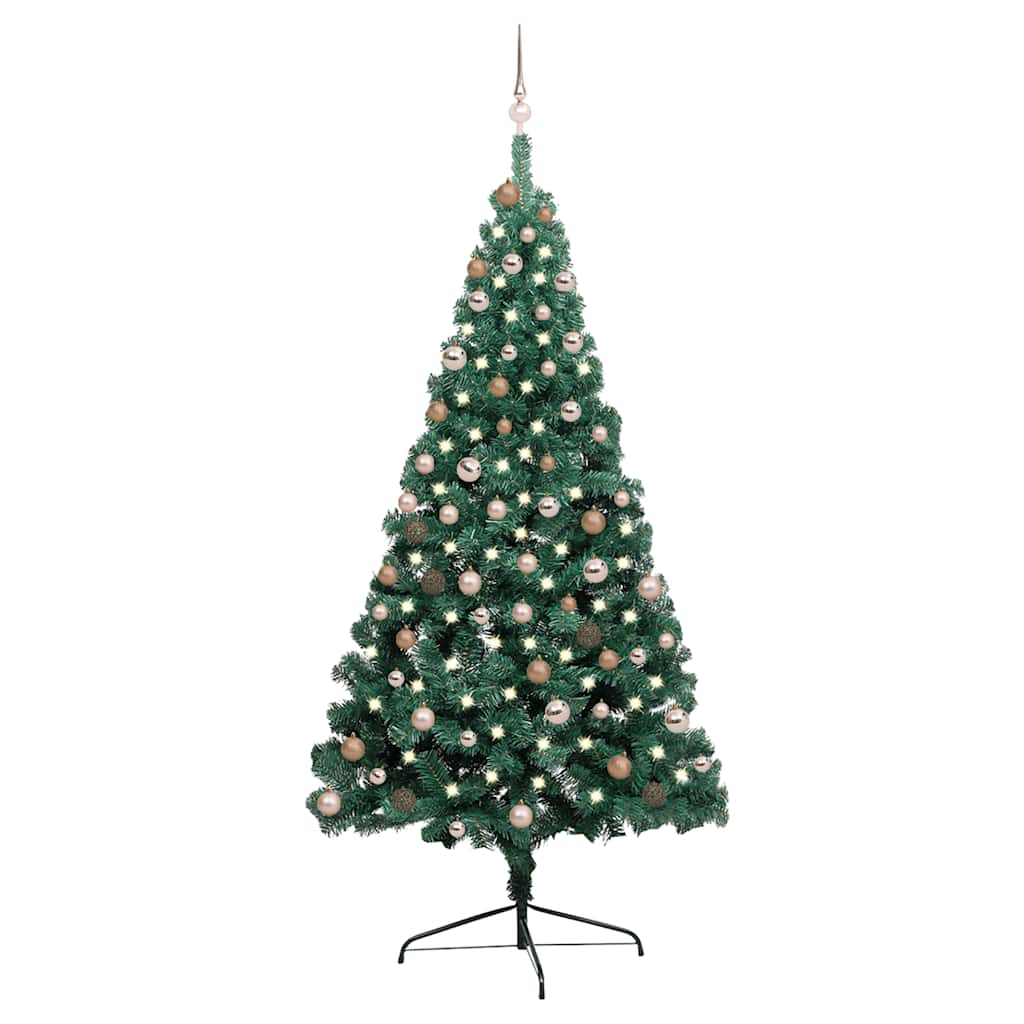 E-shop vidaXL Osvetlený umelý polovičný vianočný stromček+gule, zelený 210 cm