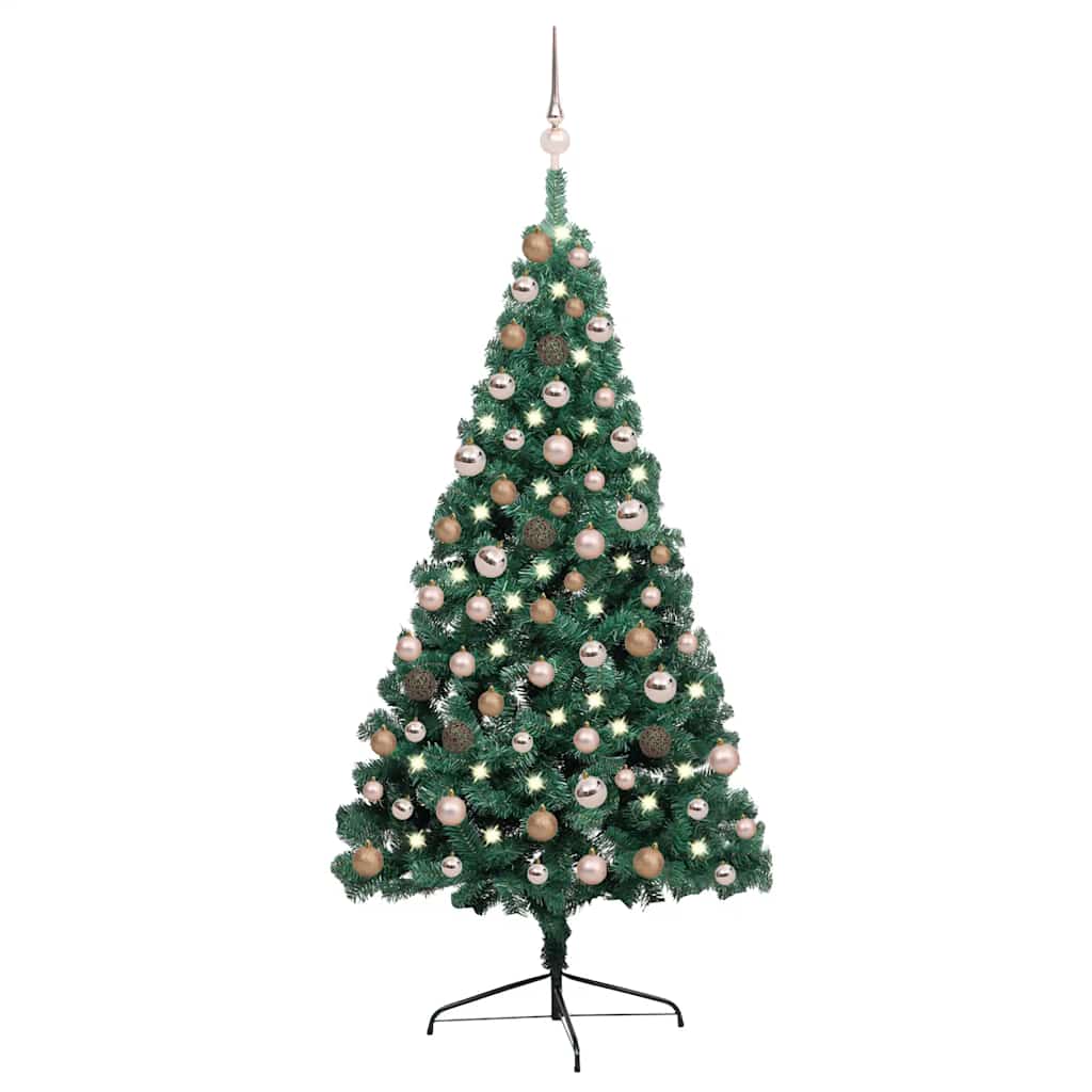 E-shop vidaXL Osvetlený umelý polovičný vianočný stromček+gule, zelený 150 cm