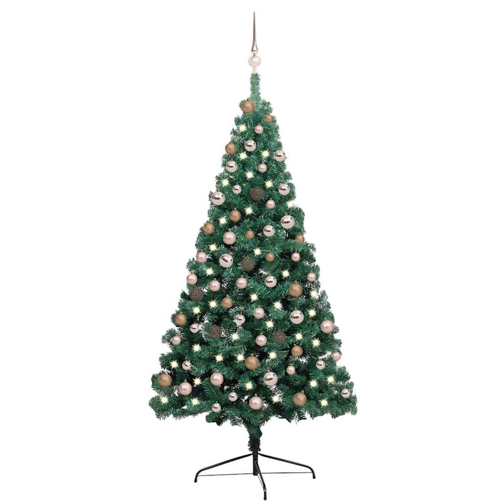 E-shop vidaXL Osvetlený umelý polovičný vianočný stromček+gule, zelený 180 cm