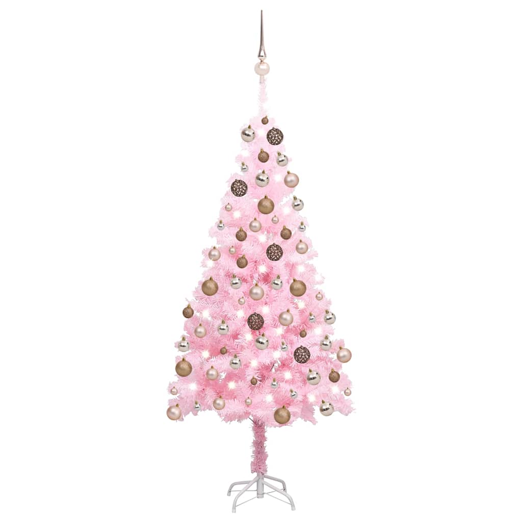 E-shop vidaXL Osvetlený umelý vianočný stromček s guľami, ružový 120 cm, PVC