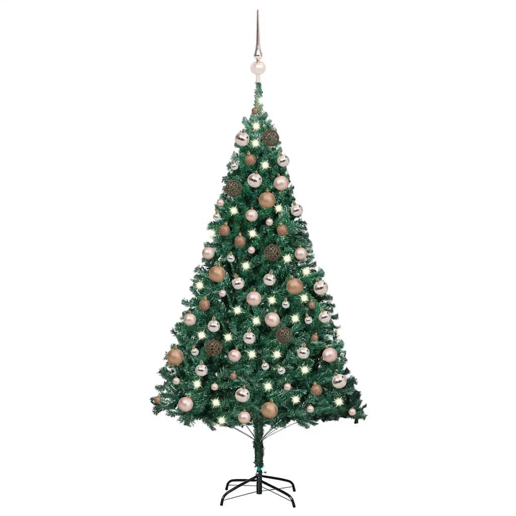 E-shop vidaXL Osvetlený umelý vianočný stromček s guľami, zelený 150 cm, PVC