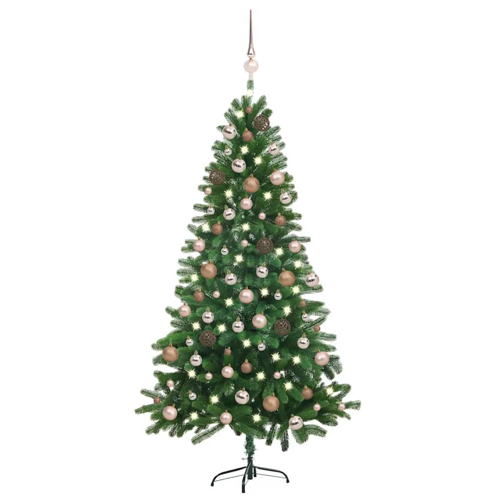 E-shop vidaXL Osvetlený umelý vianočný stromček s guľami 150 cm, zelený