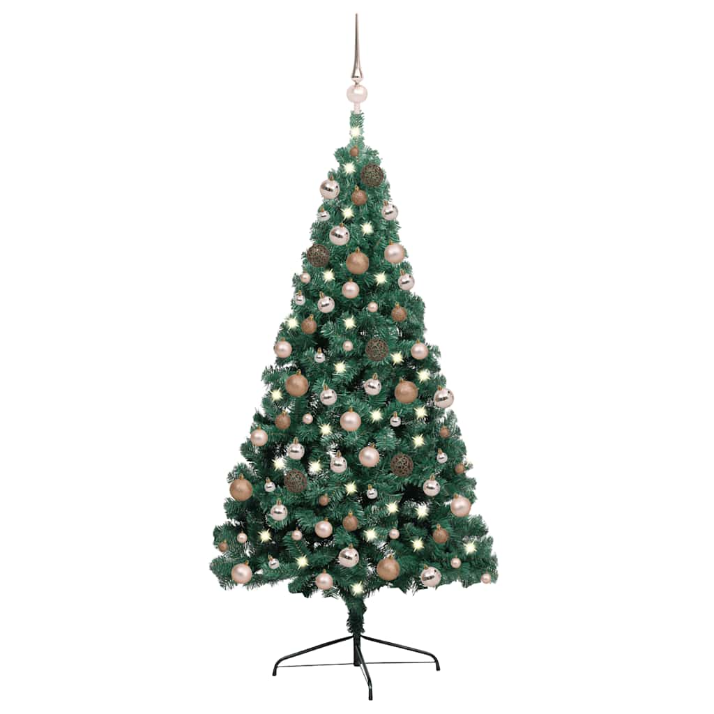 E-shop vidaXL Osvetlený umelý polovičný vianočný stromček+gule, zelený 240 cm