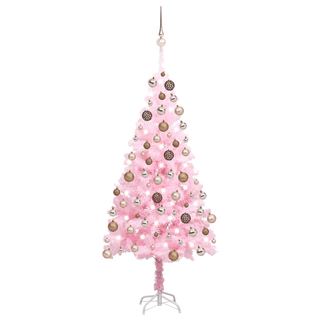 E-shop vidaXL Osvetlený umelý vianočný stromček s guľami, ružový 150 cm, PVC