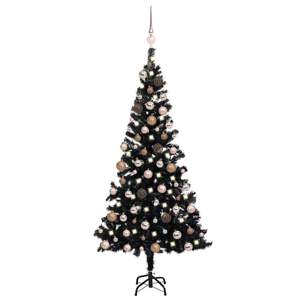 E-shop vidaXL Osvetlený umelý vianočný stromček s guľami, čierny 180 cm, PVC