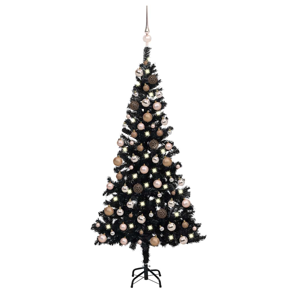 E-shop vidaXL Osvetlený umelý vianočný stromček s guľami, čierny 150 cm, PVC