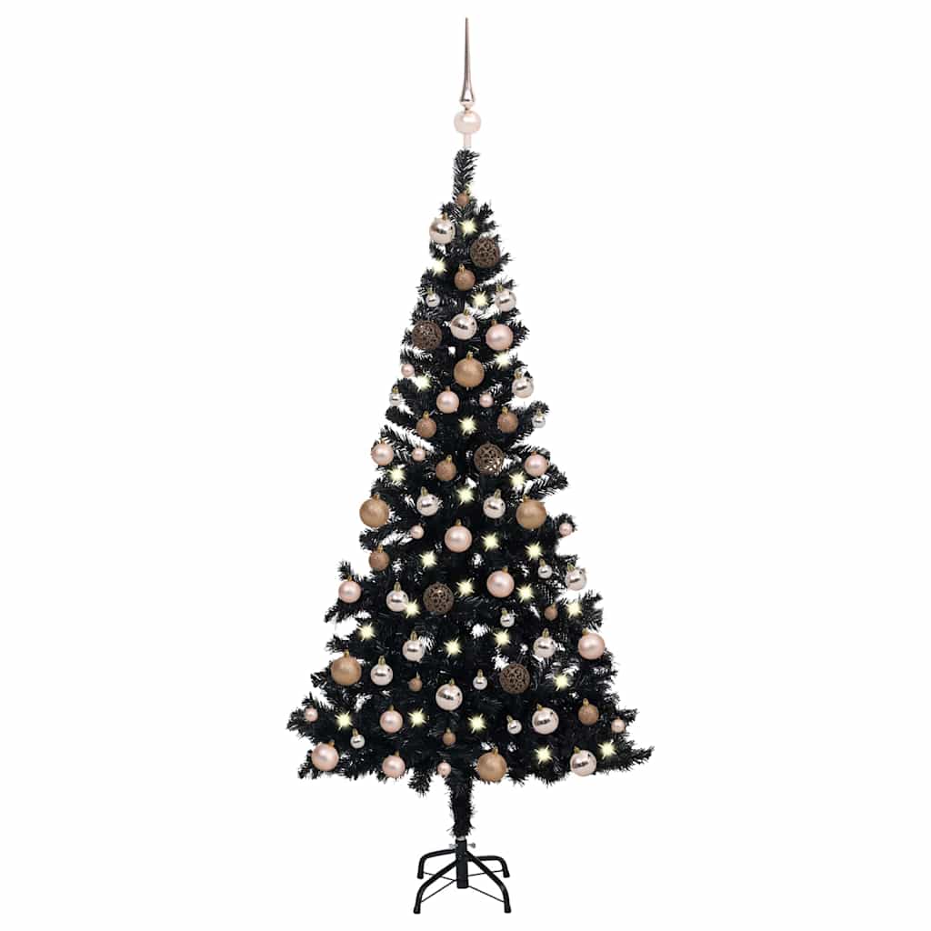 E-shop vidaXL Osvetlený umelý vianočný stromček s guľami, čierny 120 cm, PVC