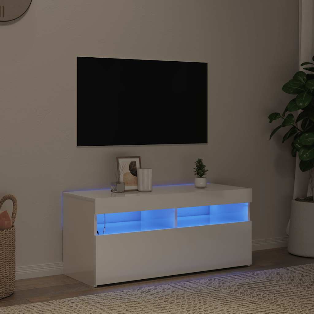 E-shop vidaXL TV skrinka s LED svetlami lesklá biela 90x35x40 cm