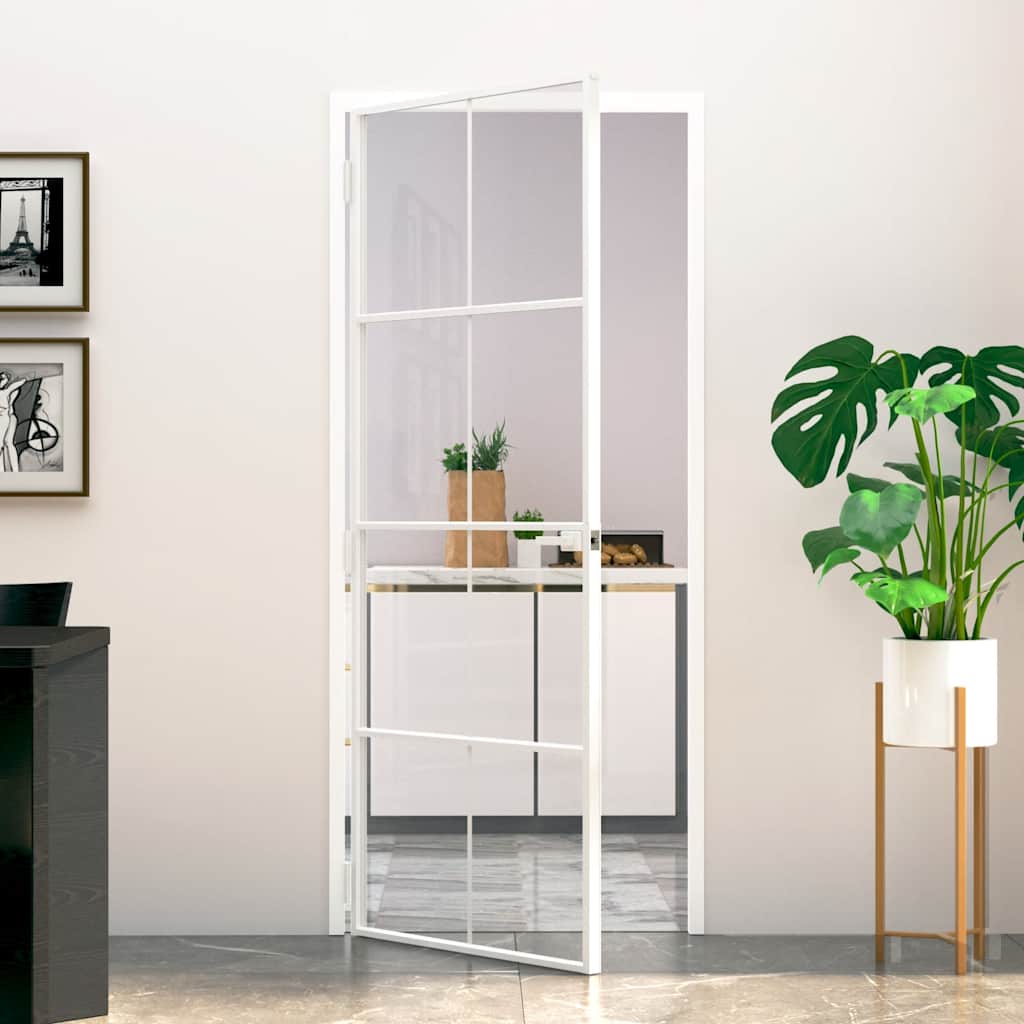 E-shop vidaXL Vnútorné dvere biele 83x201,5 cm tvrdené sklo a hliník úzke