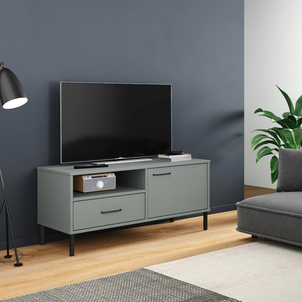 E-shop vidaXL TV skrinka s kovovými nohami sivá masívna borovica OSLO