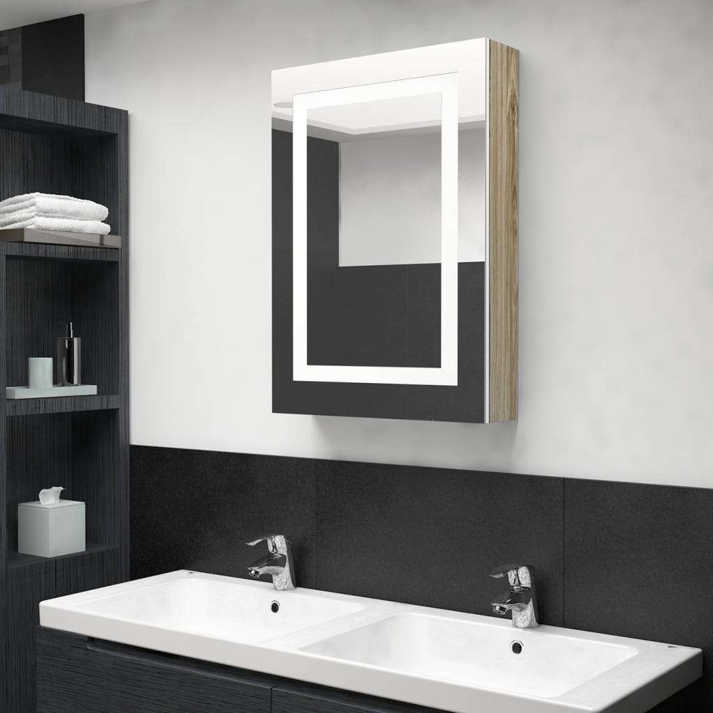 vidaXL LED kúpeľňová zrkadlová skrinka biela a farba dubu 50x13x70 cm