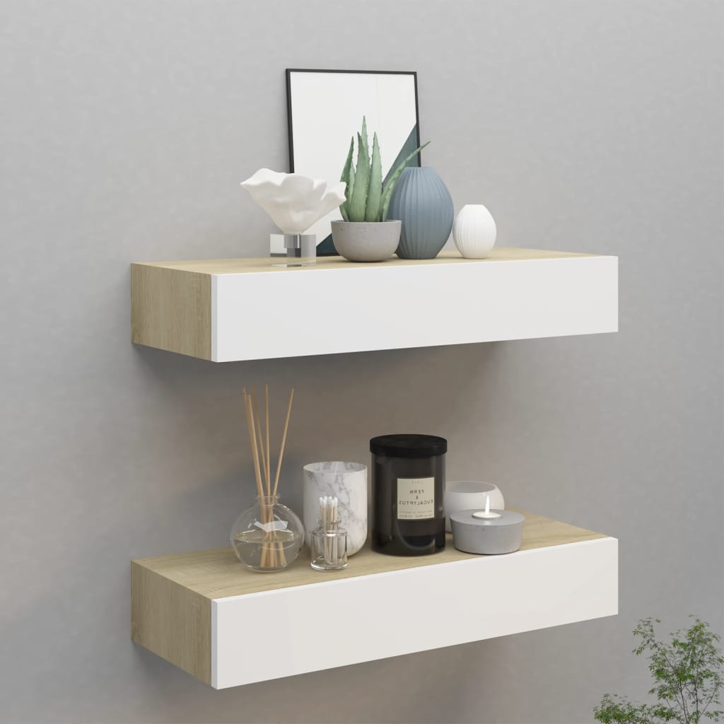 vidaXL Zásuvkové police nástenné 2 ks dubové a biele 60x23,5x10cm MDF