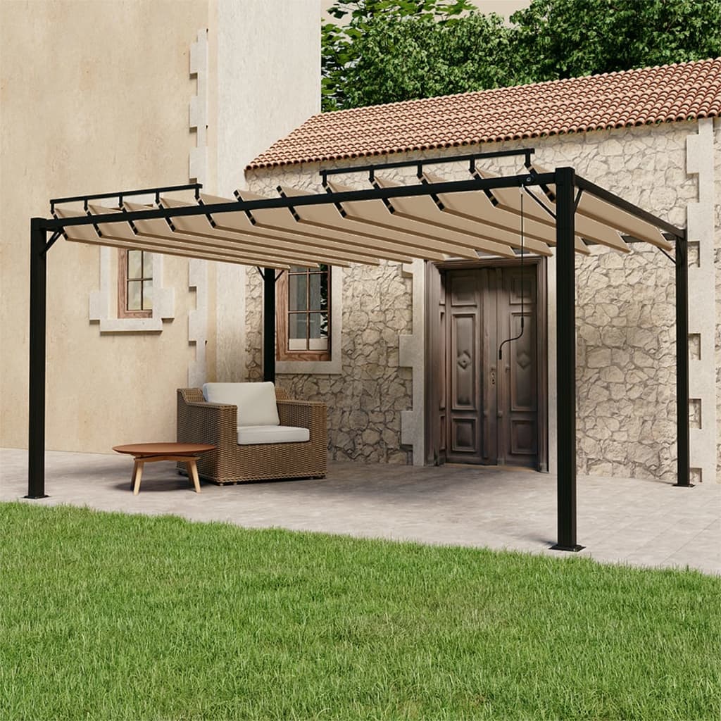 vidaXL Altánok so žalúziovou strechou 3x4 m sivohnedý látka a hliník