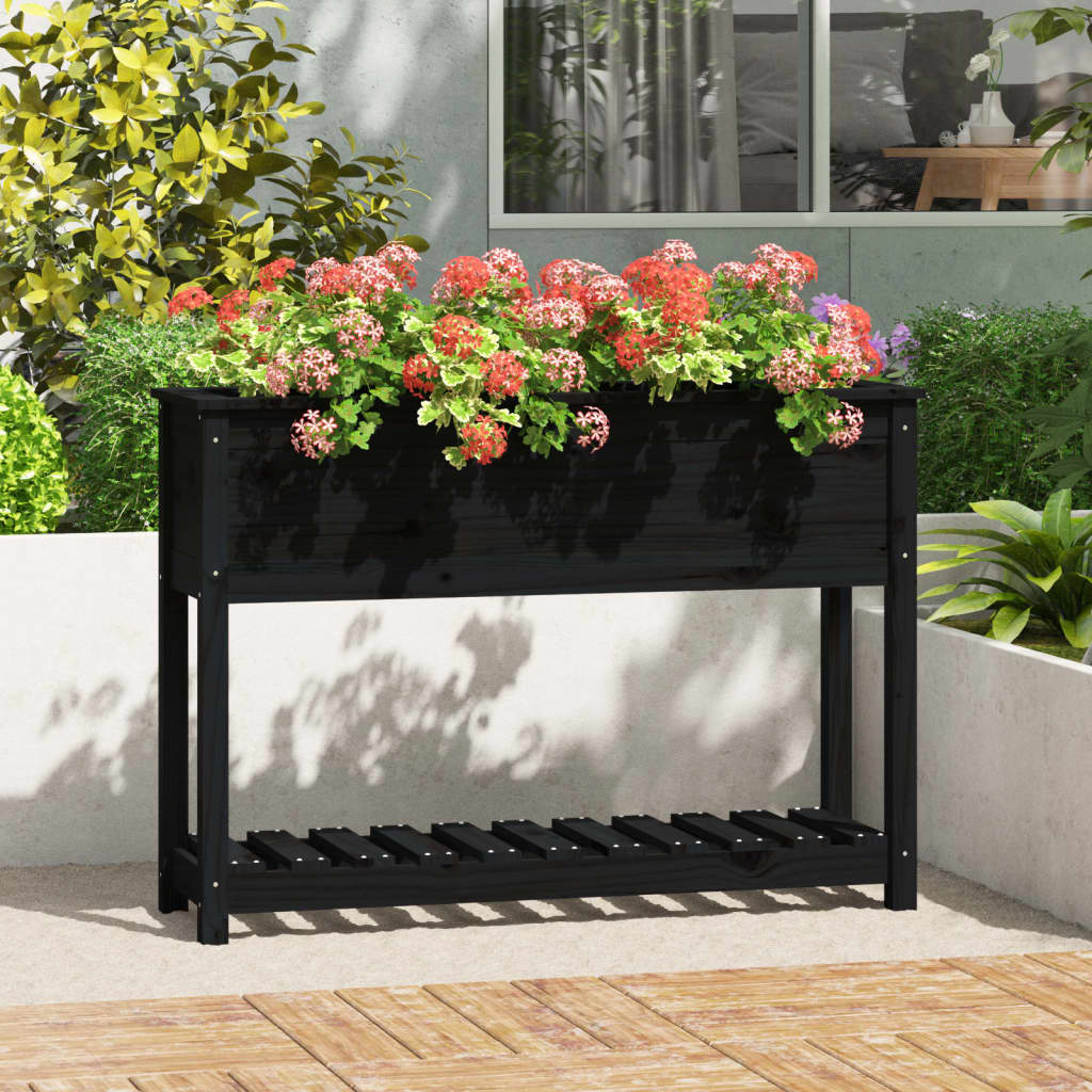 vidaXL Kvetináč s policou čierny 111,5x34,5x81 cm masívna borovica