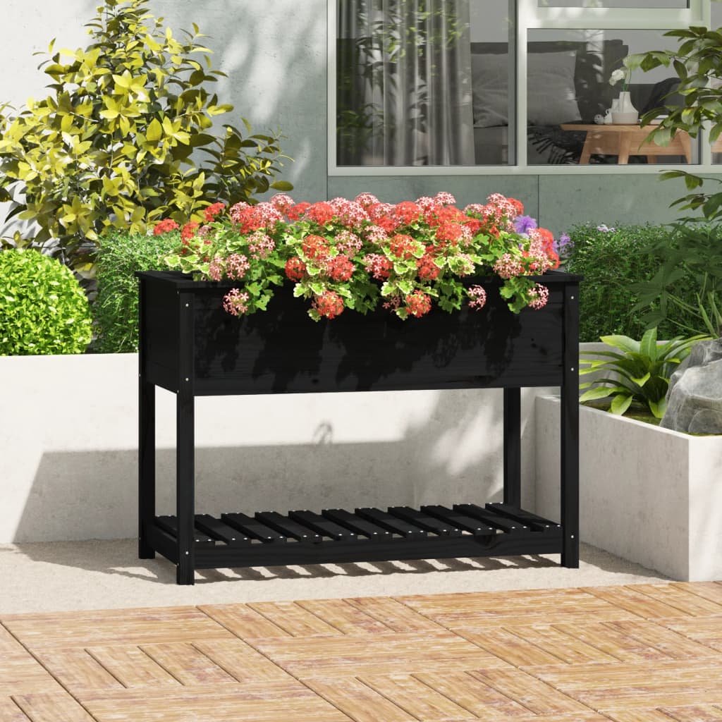 vidaXL Kvetináč s policou čierny 111,5x54x81 cm masívna borovica