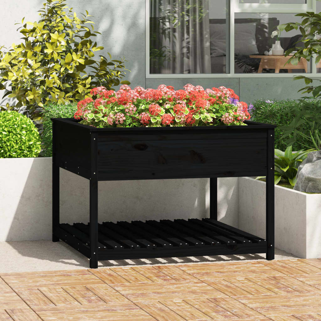 vidaXL Kvetináč s policou čierny 111,5x111,5x81 cm masívna borovica