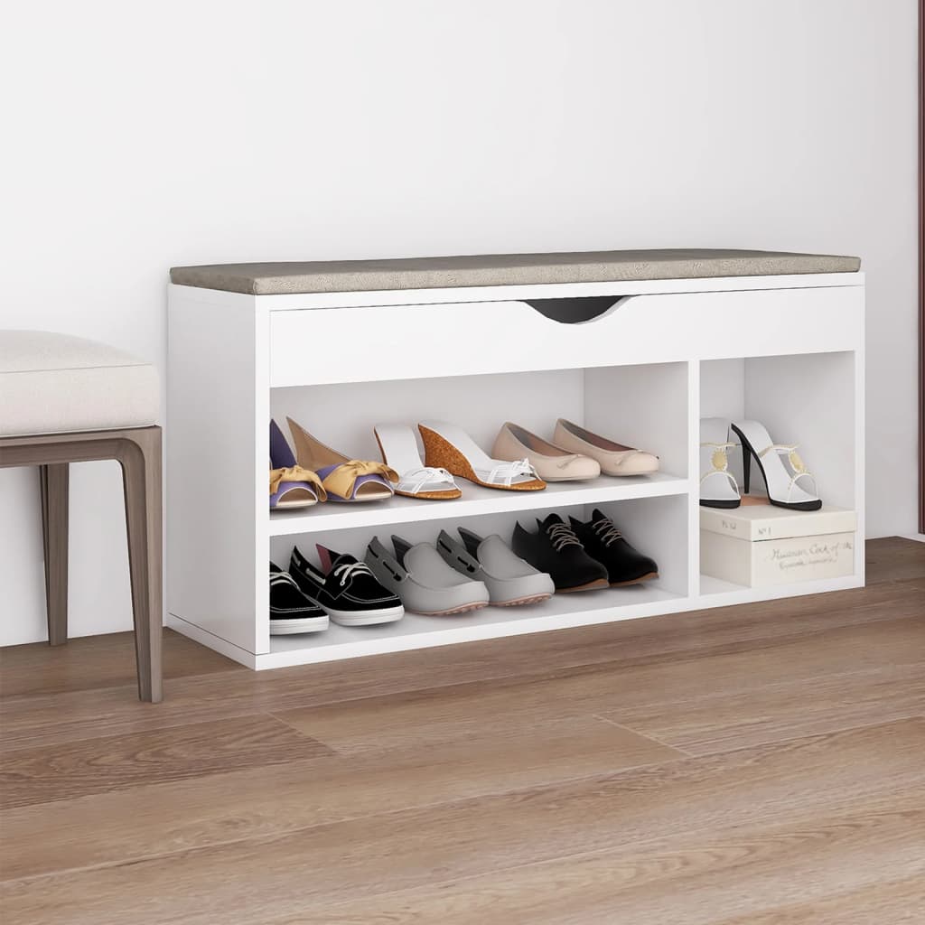 vidaXL Lavica na topánky s vankúšom biela 104x30x49 cm drevotrieska