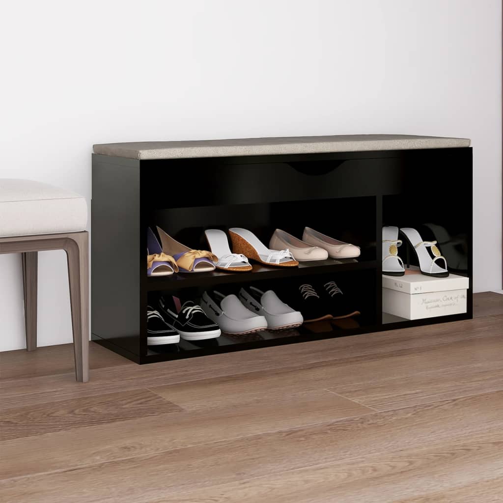 vidaXL Lavica na topánky s vankúšom čierna 104x30x49 cm drevotrieska