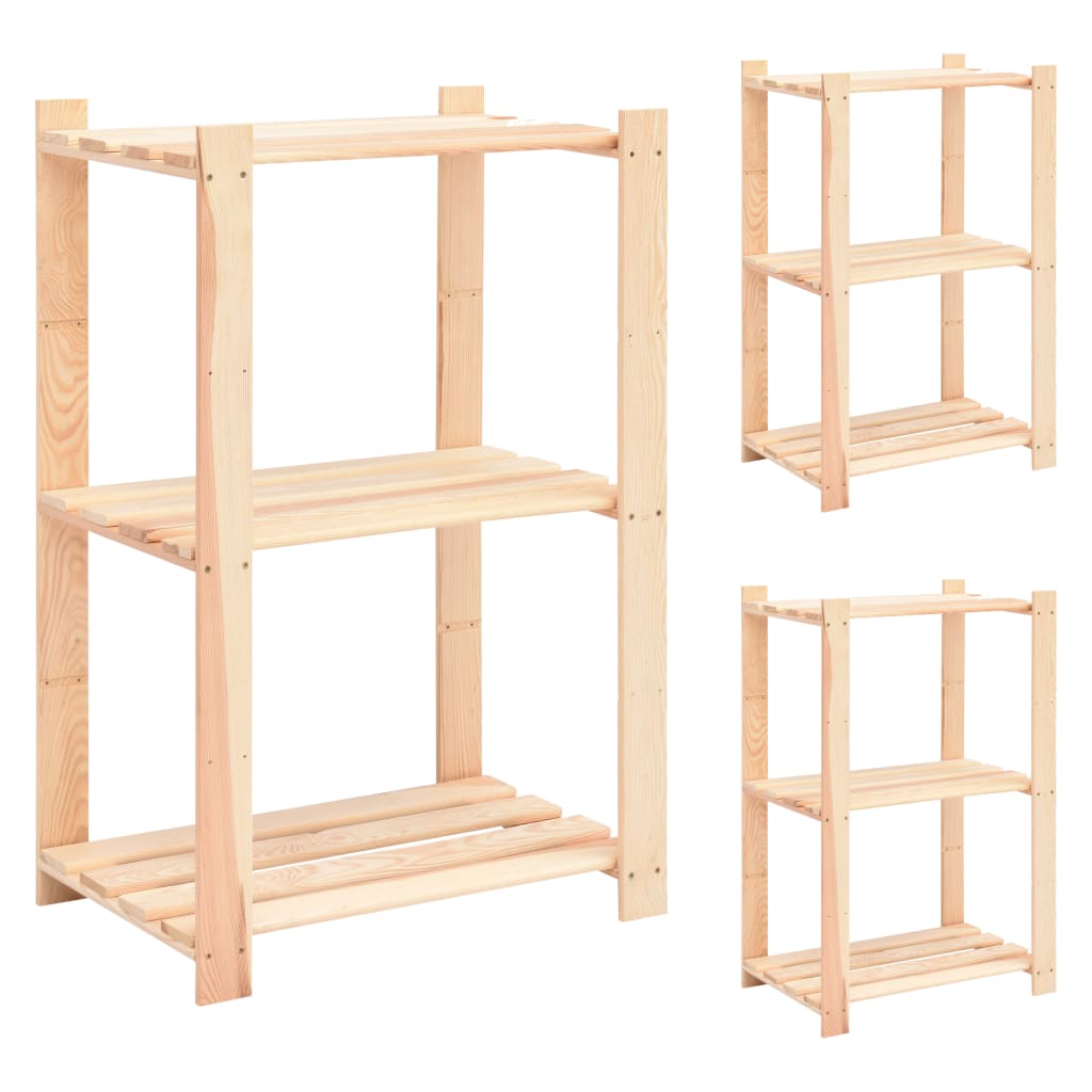 vidaXL Regály s 3 policami 3 ks 60x38x90 cm borovicový masív 150 kg