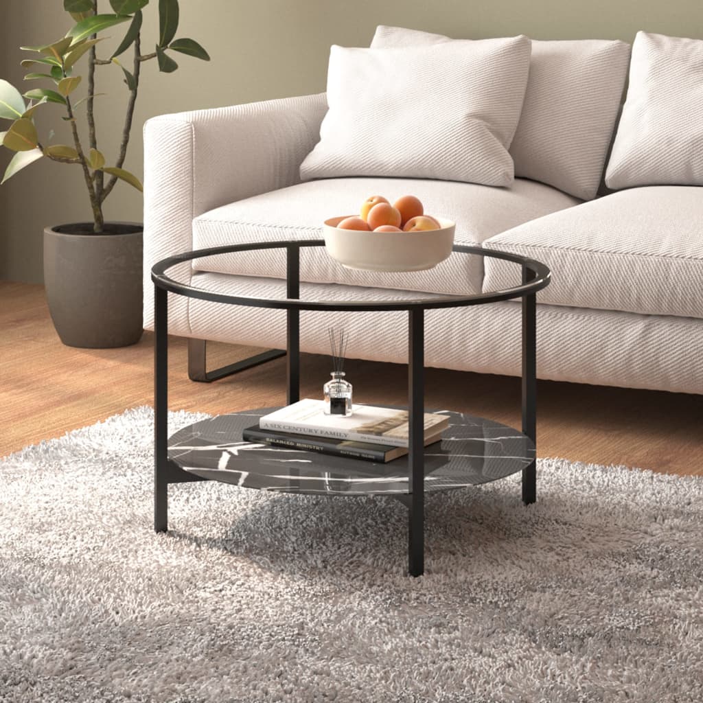 vidaXL Čajový stolík čierny a čierny mramor 70 cm tvrdené sklo