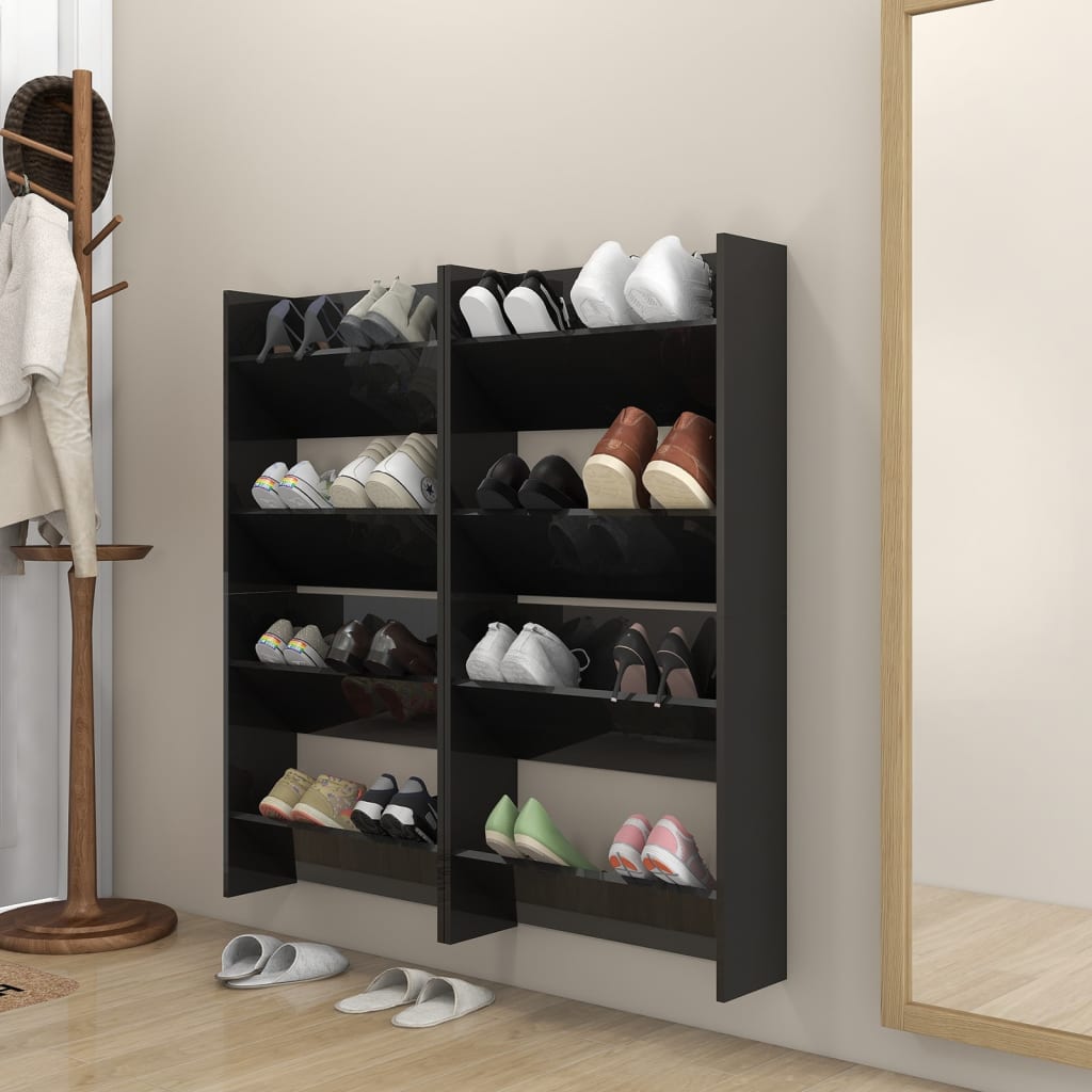 vidaXL Nástenné skrinky na topánky 4 ks, lesklé čierne 60x18x60 cm