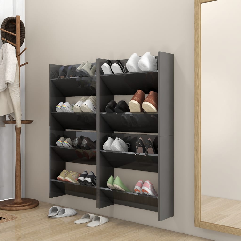 vidaXL Nástenné skrinky na topánky 4 ks, lesklé sivé 60x18x60 cm