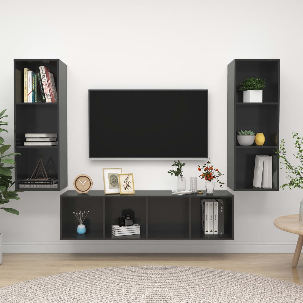 vidaXL 3-dielna súprava TV skriniek lesklá sivá drevotrieska