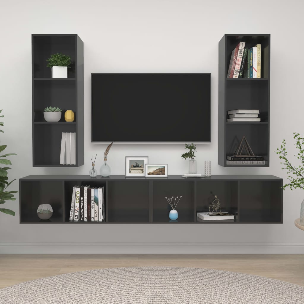 vidaXL Nástenné TV skrinky 4 ks lesklé sivé drevotrieska