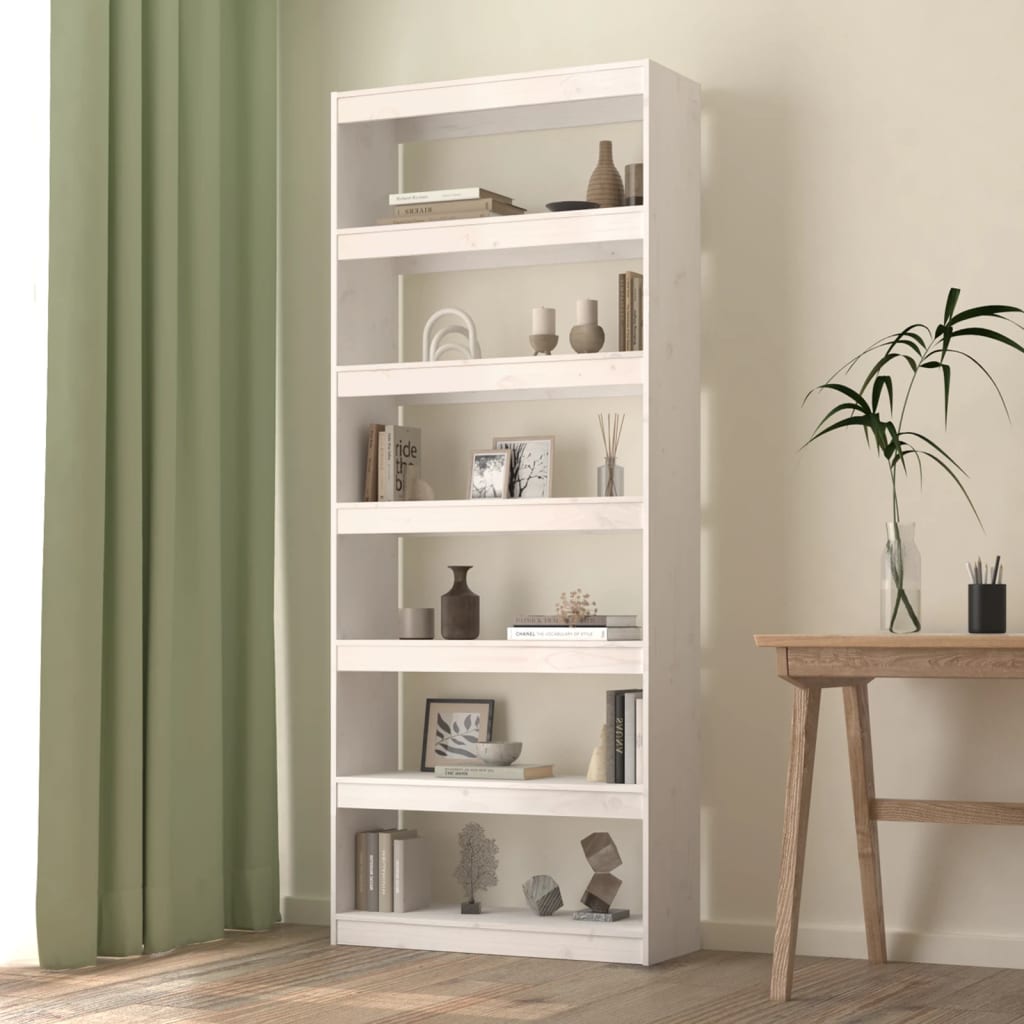 vidaXL Knižnica/deliaca stena biela 80x30x199,5 cm masívna borovica