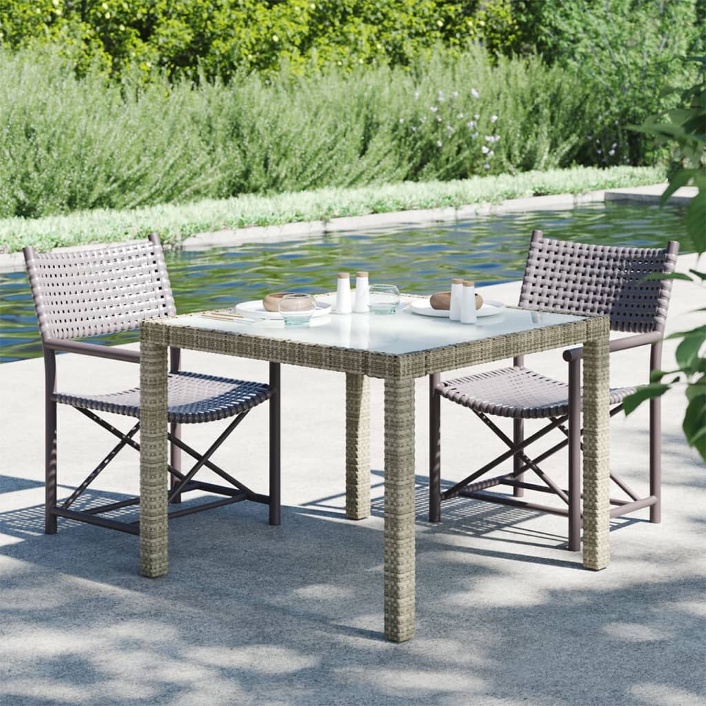 vidaXL Záhradný stôl 90x90x75 cm tvrdené sklo a polyratan sivý