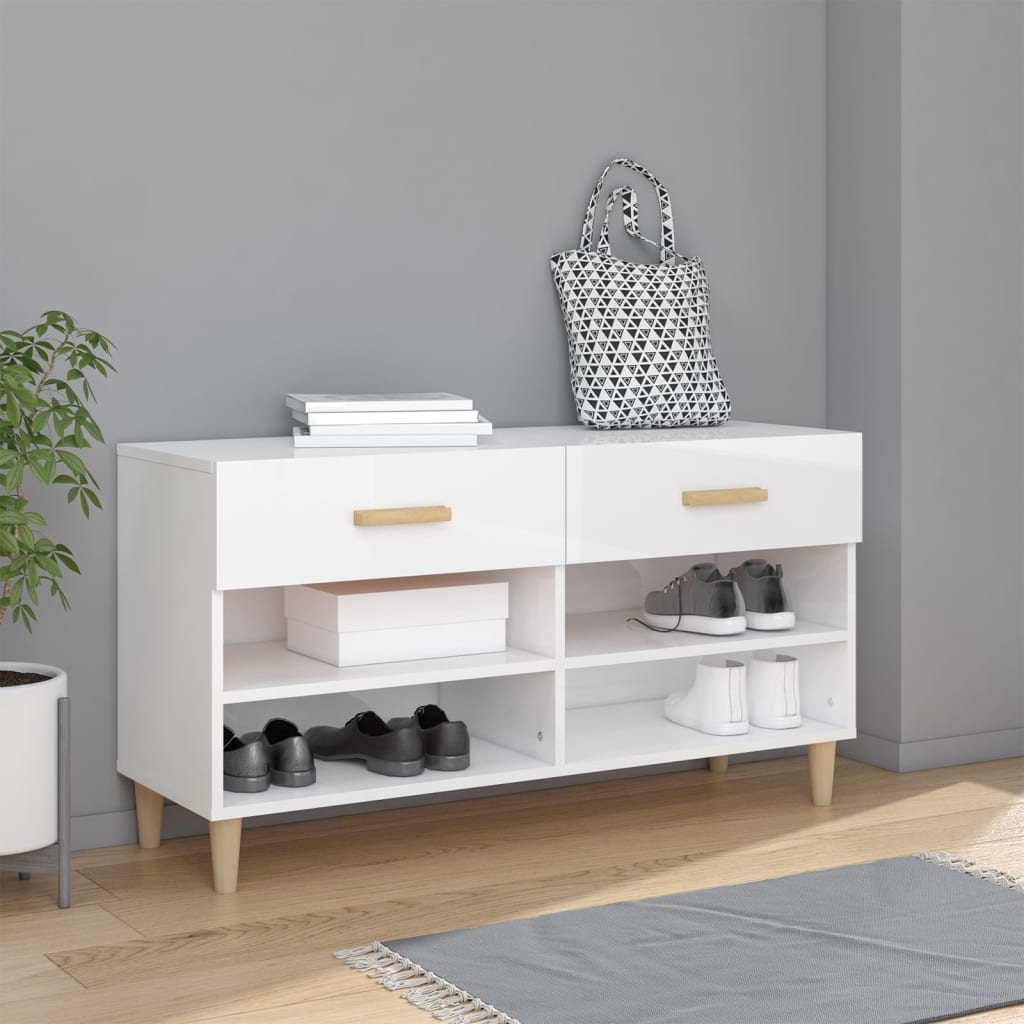 vidaXL Botník lesklý biely 102x35x55 cm spracované drevo