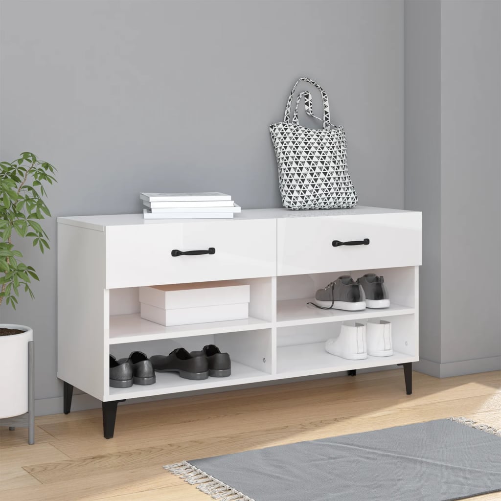 vidaXL Botník lesklý biely 102x35x55 cm spracované drevo