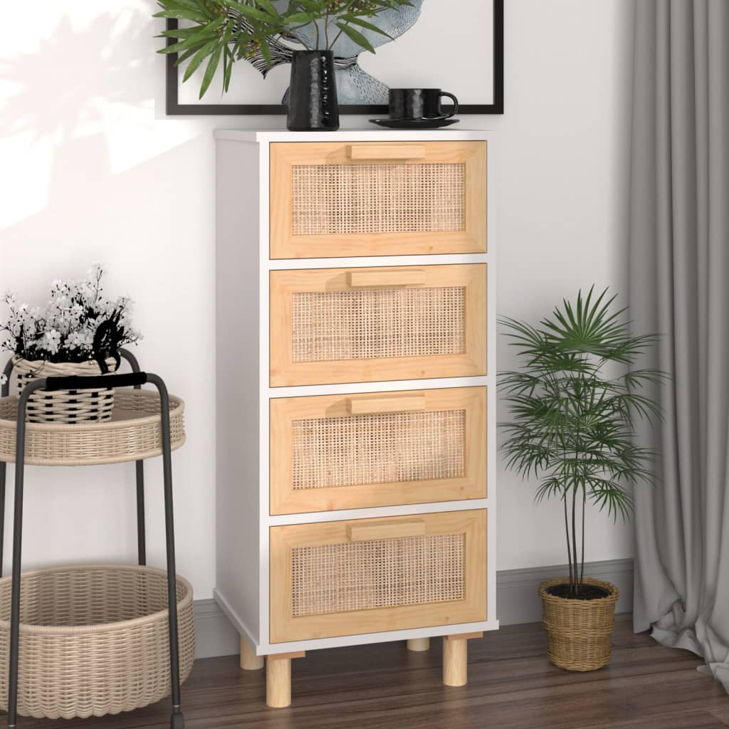 vidaXL Komoda biela 40x30x90 cm masívna borovica a prírodný ratan