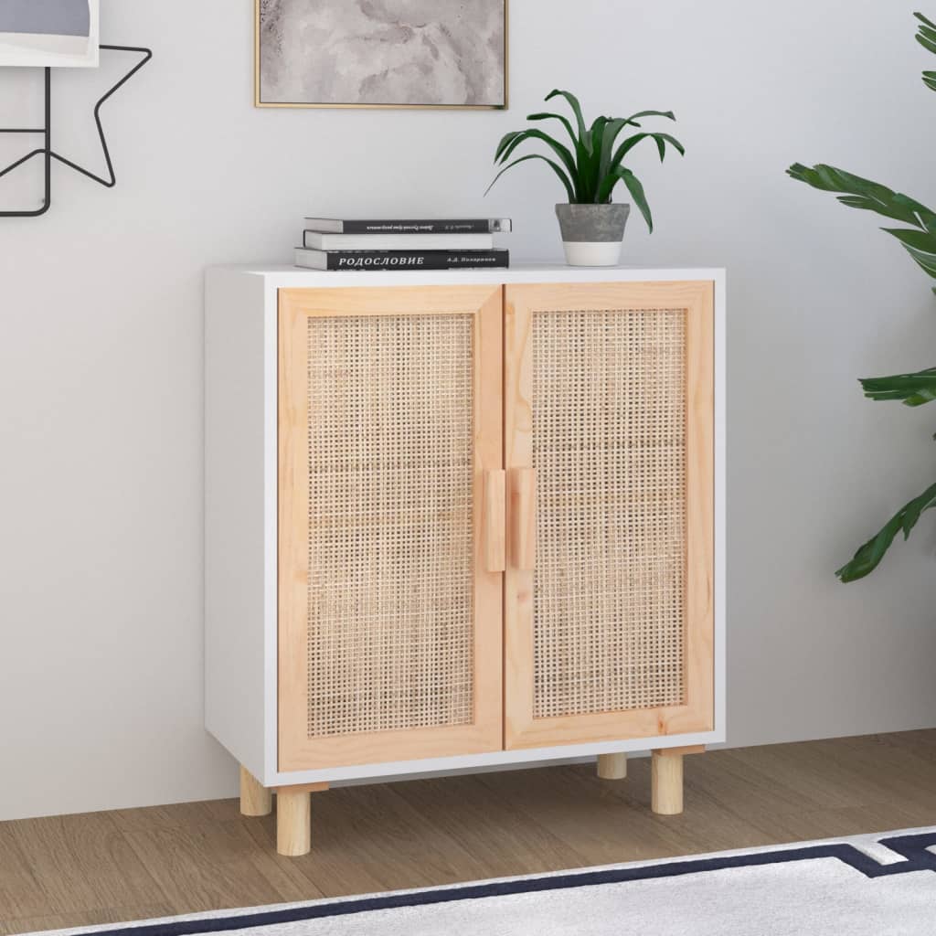 vidaXL Komoda biela 60x30x70 cm masívna borovica a prírodný ratan