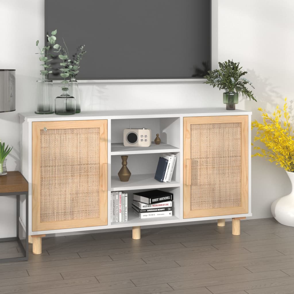 vidaXL Komoda biela 105x30x60 cm masívna borovica a prírodný ratan