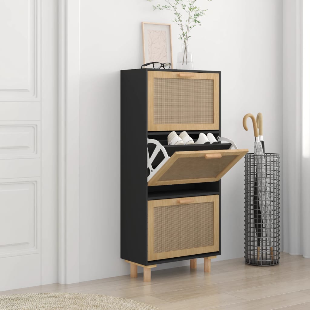 vidaXL Botník čierny 52x25x115 cm spracované drevo a prírodný ratan