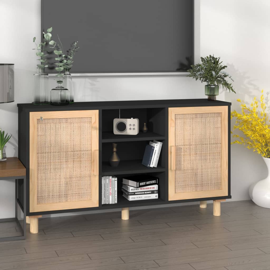 vidaXL Komoda čierna 105x30x60 cm masívna borovica a prírodný ratan