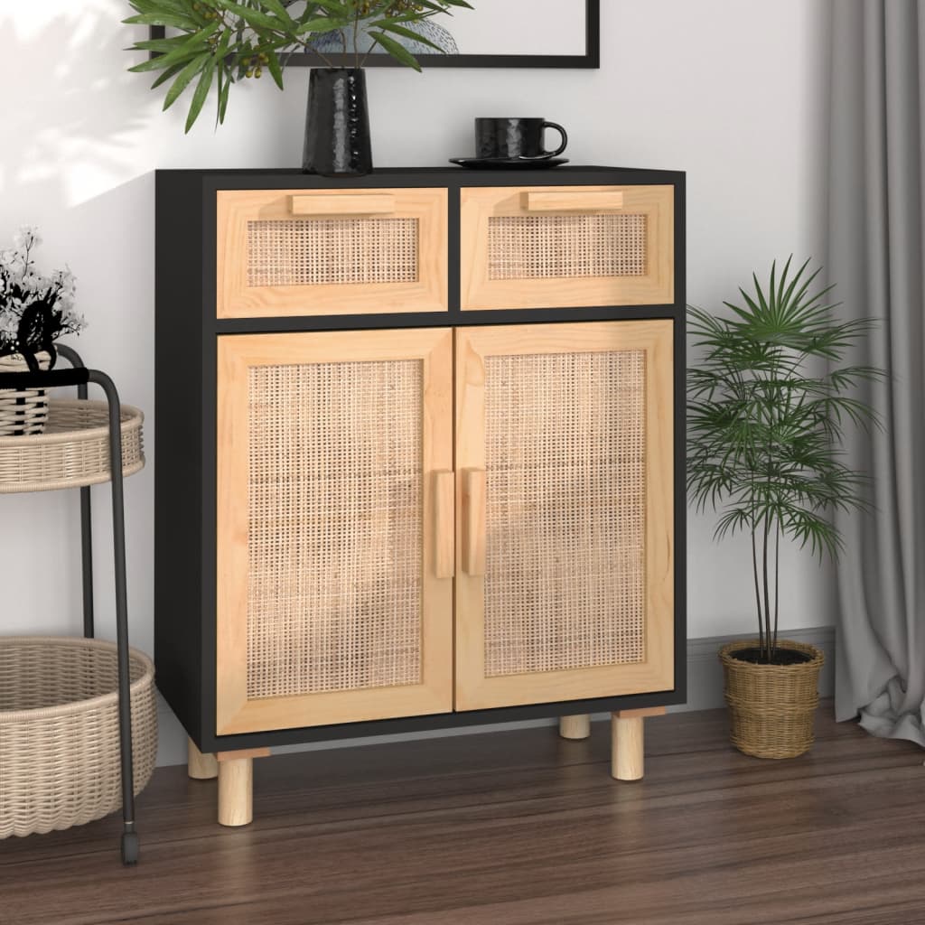 vidaXL Komoda čierna 60x30x75 cm masívna borovica a prírodný ratan
